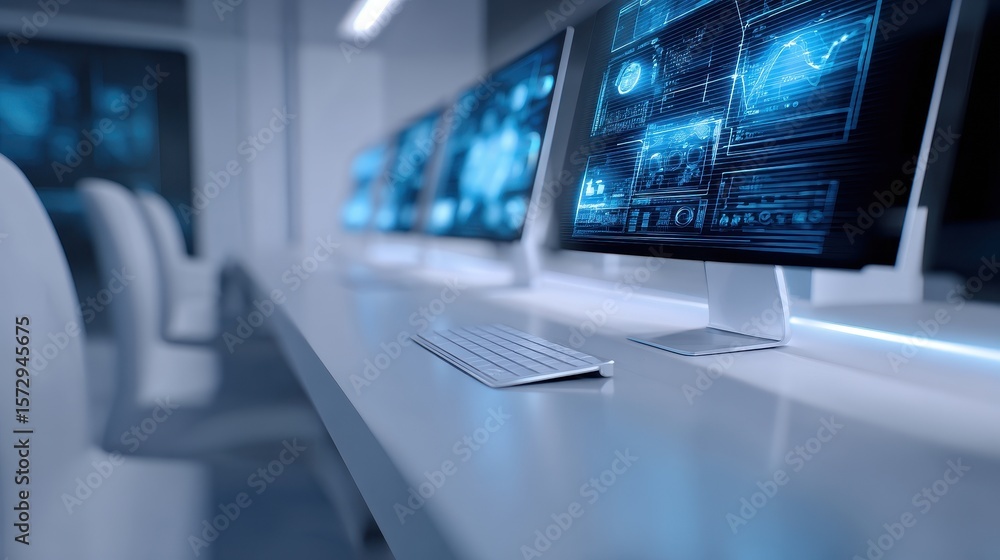 Poster modern workspace featuring multiple high-tech monitors displaying data analytics in a sleek office