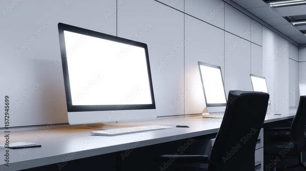 Aufkleber modern office workspace featuring blank computer screens and minimalist design elements