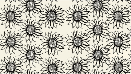 Repeating pattern of hand drawn sunflowers with black outlines and white centers filling the frame view