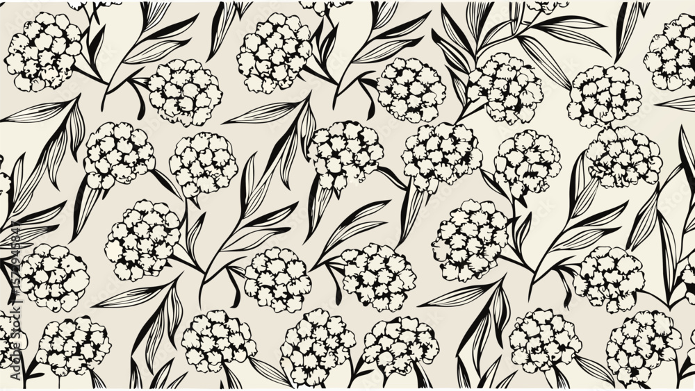 Poster floral pattern featuring clusters of small flowers and elongated leaves in a monochrome color scheme