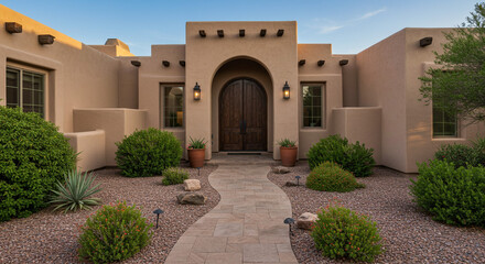 Naklejka premium Luxury santa fe style home with landscaped front yard and arched wooden door entry