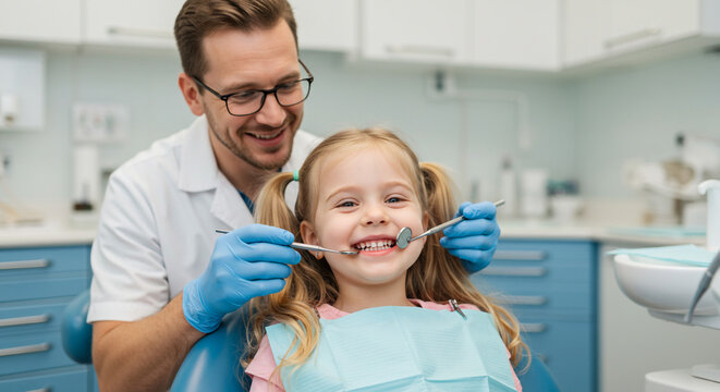 Pediatric dentistry happy patient getting dental checkup from smiling dentist - Powered by Adobe
