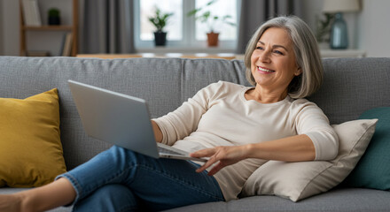 Obraz premium Happy woman on couch using laptop, natural light brightening cozy room