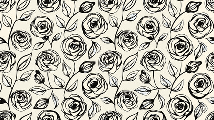 Monochrome floral pattern featuring stylized roses with outlined petals and detailed leaves scattered evenly around