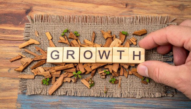 Wooden Blocks Spelling Out 'Growth' Surrounded by Natural Elements on a Textured Surface