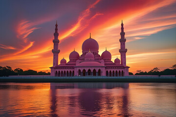 Fototapeta premium Sunset at the Classic Mosque. Beautiful golden and warm sunset over Putrajaya mosque viewed from the river - 1