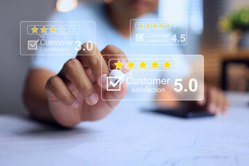 customer satisfaction concept with user tick checkmark on virtual screen to evaluate result for 5...