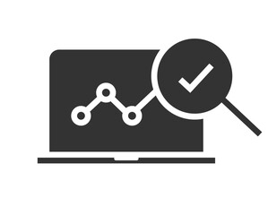 Analysis statistics growth graph sales data report icon on laptop pc simple graphic, audit performance check mark sign symbol on computer screen, web online kpi review checkmark 
