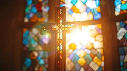 Cross against colorful stained glass, backlit by bright light - Powered by Adobe