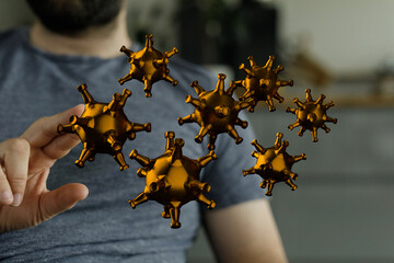 High-quality image of a person interacting with 3D models of viruses. Perfect for health, science,...