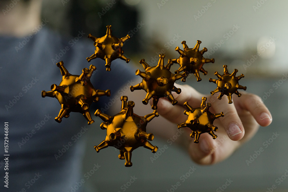 Aufkleber abstract 3d rendering of golden virus particles floating above a hand, symbolizing disease control.
