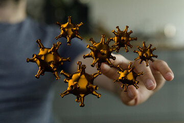 Abstract 3D rendering of golden virus particles floating above a hand, symbolizing disease control.
