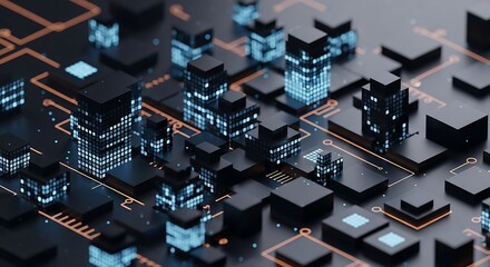Abstract Digital Cityscape Futuristic Technology and Data Cubes