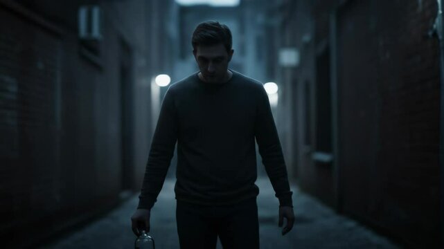 A man walks alone down a dark, narrow alleyway at night, holding a bottle of alcohol, addiction concept. Footage.