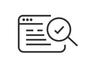 Web site document review icon simple graphic line art stroke, website webpage quality content proofread check mark sign symbol pictogram, thin linear fraud audit search research checkmark analysis