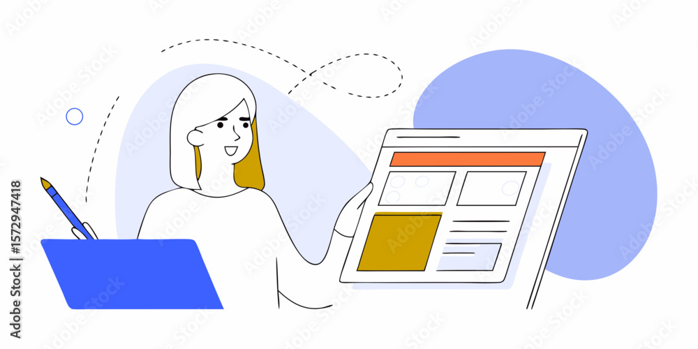 Poster creative woman using a tablet for web design layout and application development showcases a user int