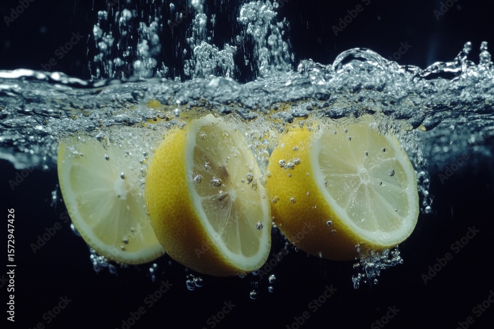 Aufkleber fresh sliced lemons create a refreshing splash in clear water with bubbles, fresh sliced lemons drop