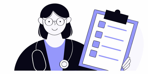 Cheerful doctor with clipboard graphic designed for medical professionals and healthcare applications with a friendly, modern style.