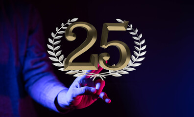 Image of a hand interacting with a 25th anniversary logo. Perfect for celebratory marketing...