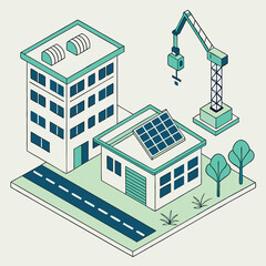 Naklejka premium Isometric view of a building with solar panel crane road and trees in a light color palette scheme