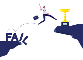 Fail to success, using failure to be lesson learn to achieve business success, businessman jumping between cliff