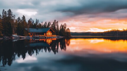 Serene lakeside cabin at sunset, reflecting vibrant colors in calm waters, surrounded by trees