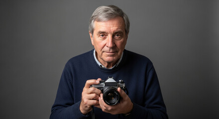 Portrait of senior man holding vintage camera ready to take photograph studio shot