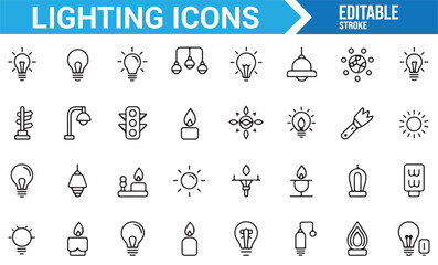 Set of Lighting Icons for Light Bulbs, Lamps, Chandeliers, and Energy Symbols

