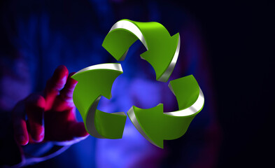 Hand holding 3D recycle symbol.  Eco-friendly concept. Sustainability.