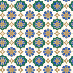 Arabic style abstract elegant geometric mosaic printable seamless pattern. Traditional Ramadan Kareem gold linear moroccan vector background
