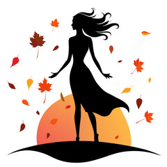 Graceful Female Silhouette with Floating Leaves in Autumn Season Design