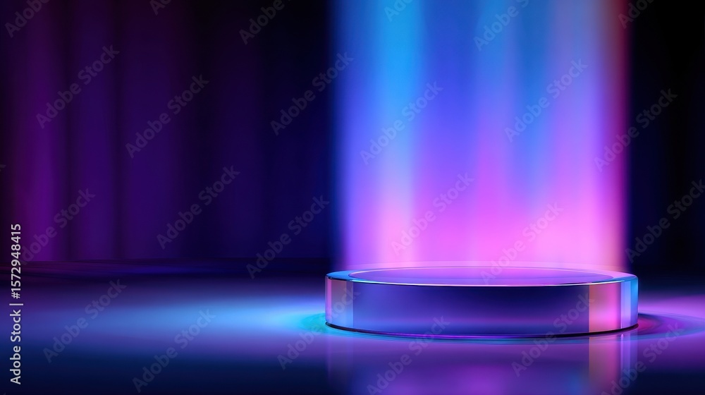 Poster vibrant illuminated stage platform with colorful beams of light creating a dynamic atmosphere