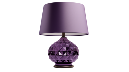 Beautiful purple table lamp features a geometric base and soft lighting isolated on transparent background
