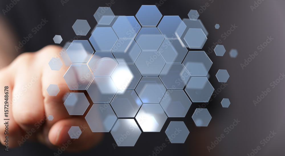Poster hand interacting with a digital hexagon interface. modern technology concept.
