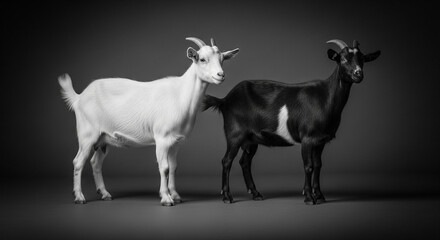 Fototapeta premium Black and white goats standing side by side in studio animal photography art