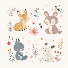 Fototapeta premium Charming woodland animals with autumn leaves, berries and flowers in soft pastel colors, perfect for seasonal packaging, nursery decor, greeting cards and cozy wall art