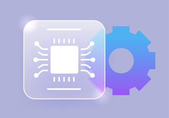 Glass morphism computer chip setting icon. Technology artificial intelligence service vector symbol