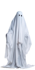 realistic silhouette of a man from head to toe covered with a white sheet with eyes cut-out; Halloween ghost concept; element isolated over white (transparent) background; png, jpg, photo 