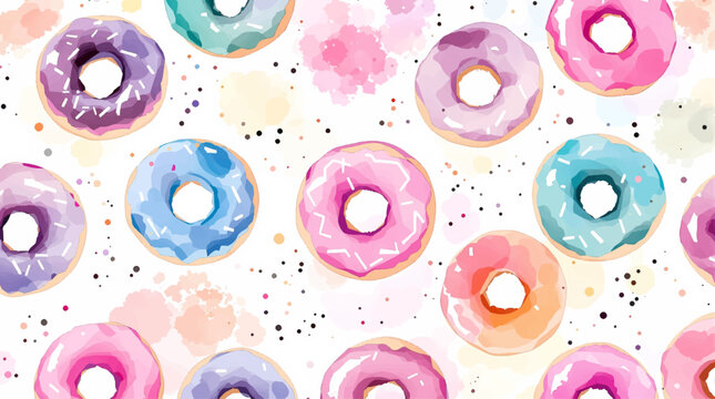 Watercolor background pattern donuts on white background
