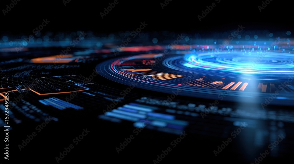 Poster futuristic digital interface displaying glowing data visualizations and analytics in motion