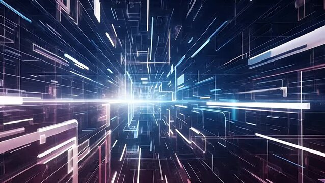 Abstract digital tunnel with glowing lines and geometric shapes