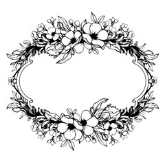 Elegant floral design frame: An eye-level monochrome image showcases an intricate, ornate, floral frame illustration.