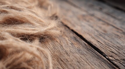 Close-up of textured natural fibers resting on rustic wooden surface, creating a warm, cozy atmosphere
