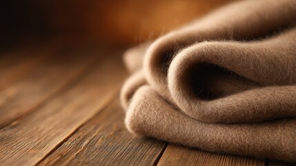 Soft brown wool blanket elegantly draped on rustic wooden table, creating a cozy atmosphere