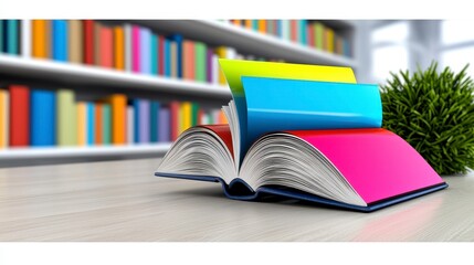 Fototapeta premium Colorful Open Book on Wooden Table with Blurred Bookshelf Background