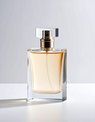 Perfume advertisement, bottle and minimalism: Close-up of a perfume bottle against a neutral grey backdrop, minimalist luxury branding.