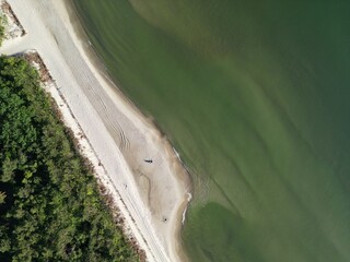 Pristine aerial shot of curved sandy beach coastline with emerald forest meeting crystal clear...