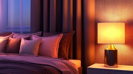 Cozy bedroom setting with warm lighting, elegant curtains, and decorative pillows at dusk