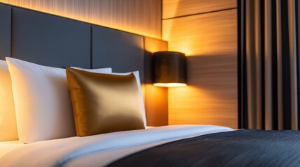 Cozy hotel room featuring a neatly made bed with decorative pillows and soft lighting