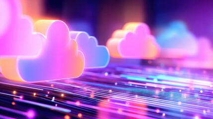 Colorful abstract clouds floating over a vibrant digital landscape with glowing lines and lights